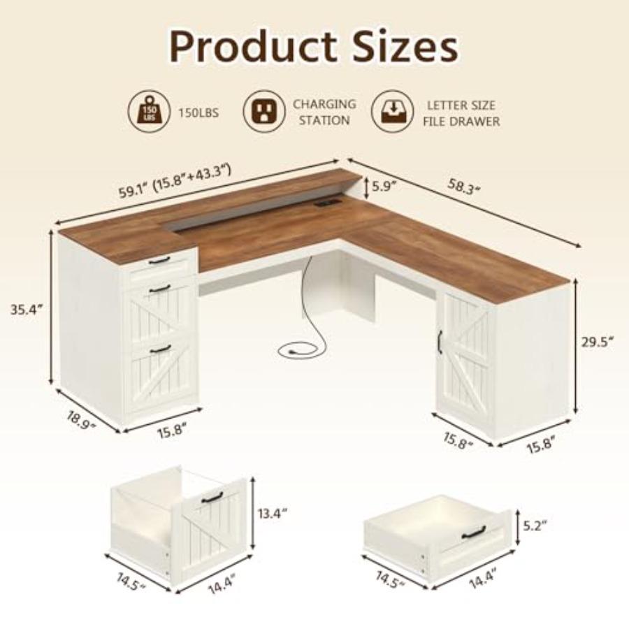Fhoe L Shed Desk wi Drawers and Storage Shelves, 59" L She Executive Desk wi File Drawers and er Outlet, Wood Computer Corner D