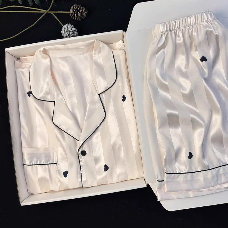 Summer Simulation Silk Striped Simple High-End Women'S Pajamas Cool Love Short-Sleeved Loungewear