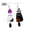 Cute Ghost Cat Jewelry Set 1 Pair Acrylic Halloween Earrings, Black White Drop Dangle Earrings with Charming Holiday Gift for Her Witch Hat