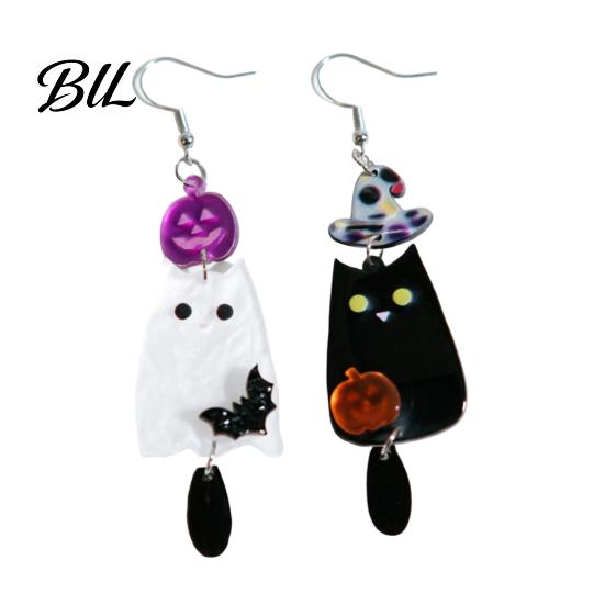 Cute Ghost Cat Jewelry Set 1 Pair Acrylic Halloween Earrings, Black White Drop Dangle Earrings with Charming Holiday Gift for Her Witch Hat