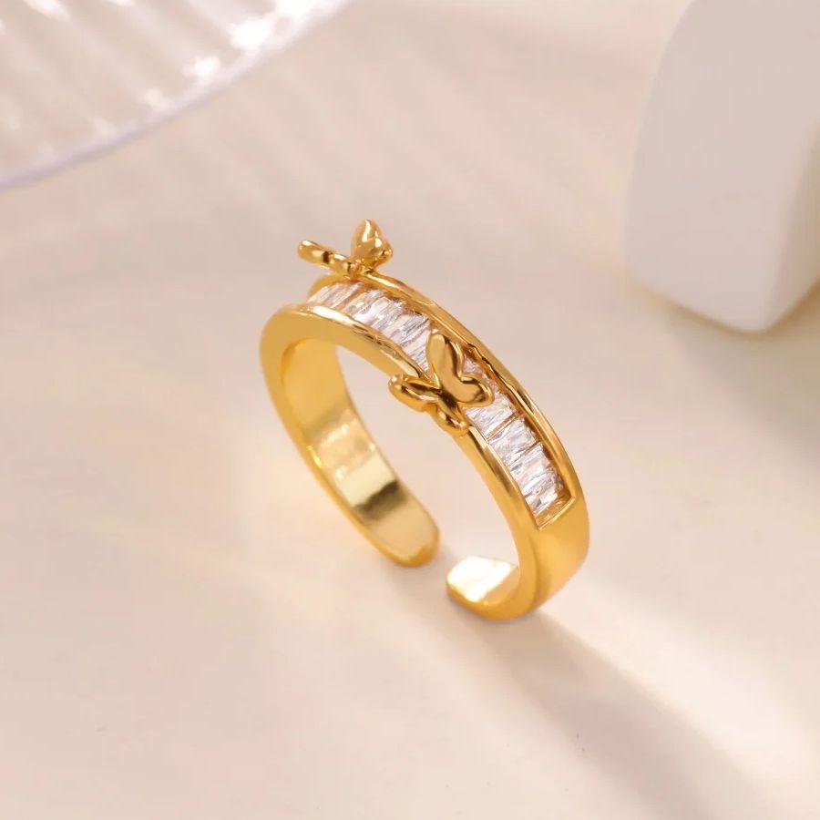 Stainless Steel Cubic Zirconia Butterfly Rings Gold Color Anti Fading Ring Women Mama Wedding Jewelry Vacation Accessories Gifts
