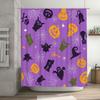 Halloween-themed shower curtains with a purple background featuring pumpkins, ghosts, bats, spiders, witches' hats and brooms pe