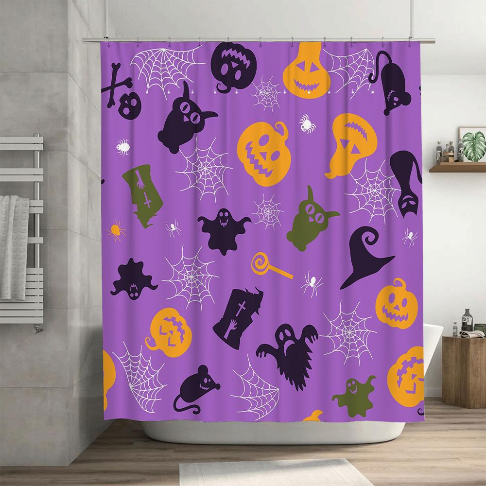 Halloween-themed shower curtains with a purple background featuring pumpkins, ghosts, bats, spiders, witches' hats and brooms pe