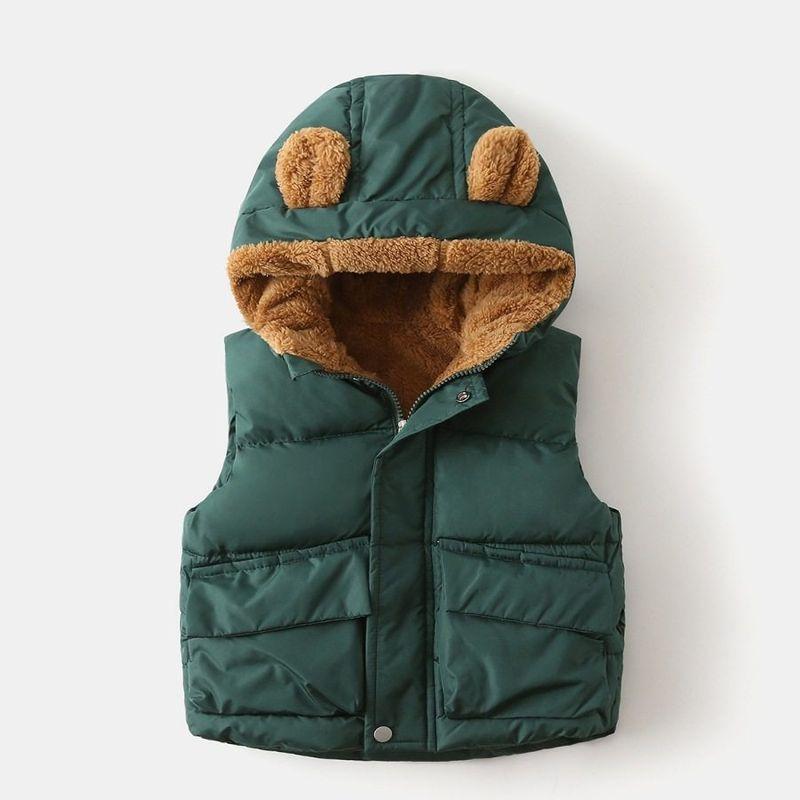 Thickened Cotton Coat for Boys and Girls, Winter Hooded Solid Color Fleece Vest, Cartoon Children's Clothing, Baby Cotton Jacket with Zipper