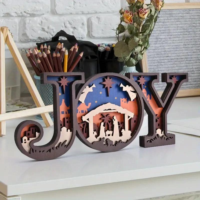 Wooden JOY Nativity Scene Decoration - Festive Holiday Decor with Manger, Mary, Joseph, Star of Bethlehem, Ideal Gift for Home, Office, Parties