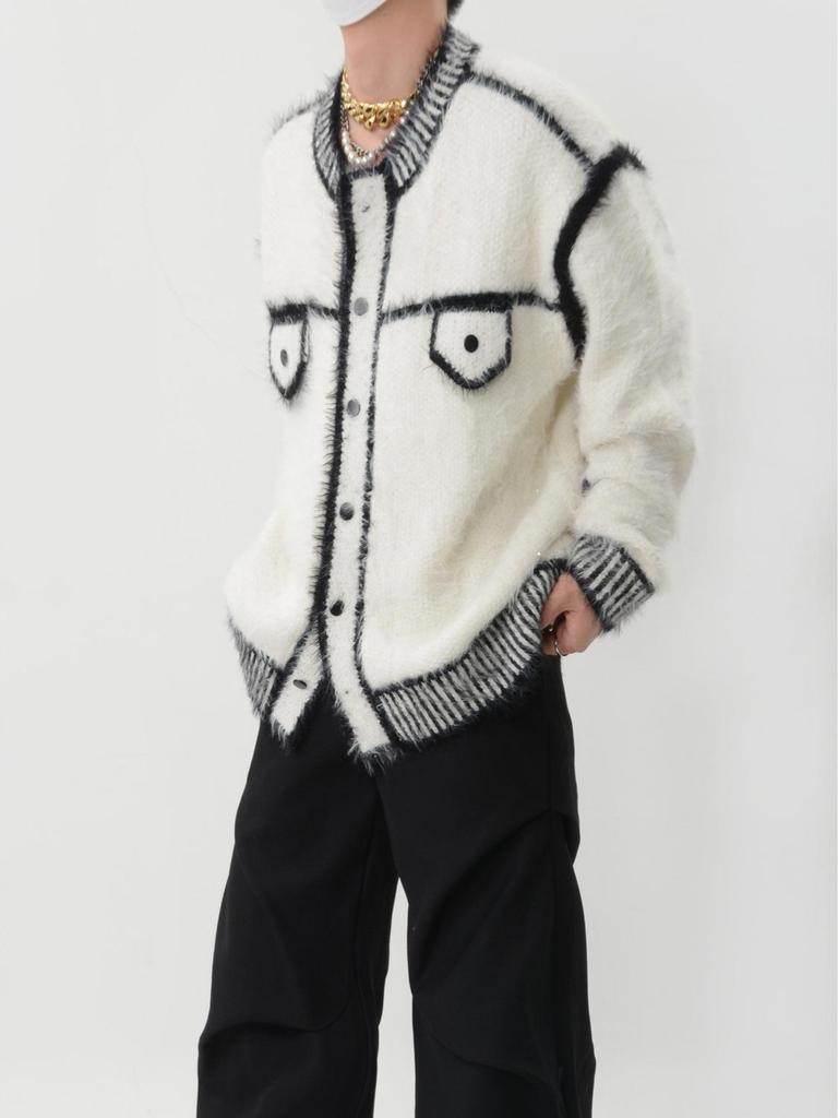 Unisex Color Block Knit Cardigan Jacket - Heavyweight Plush, Autumn/Winter Trendy Loose Fit