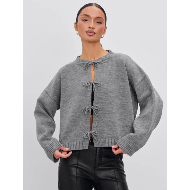 Autumn and Winter Women's Casual Loose Cardigan Lace-up Solid Color Knitted Sweater