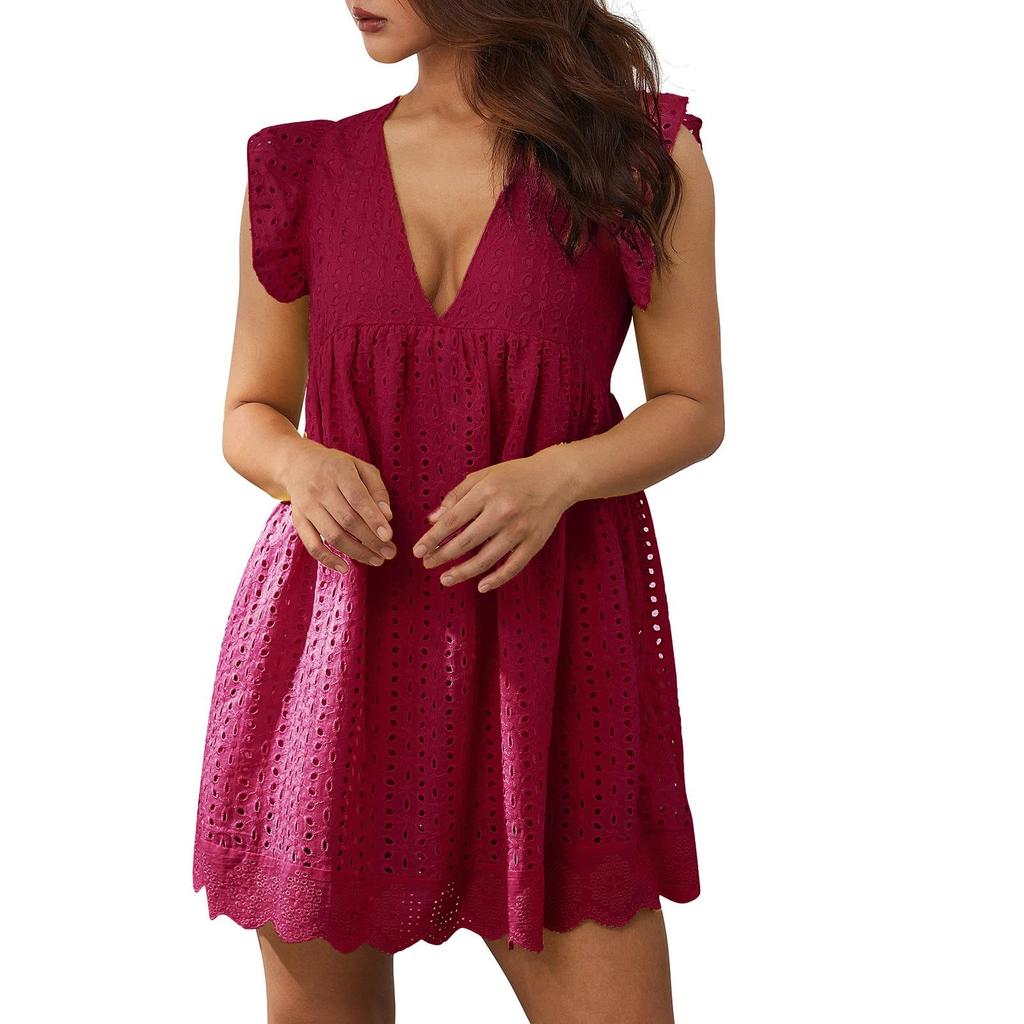 Women's Cutout Ruffle Pocket Tank Top Hakama Summer V Neck Dress