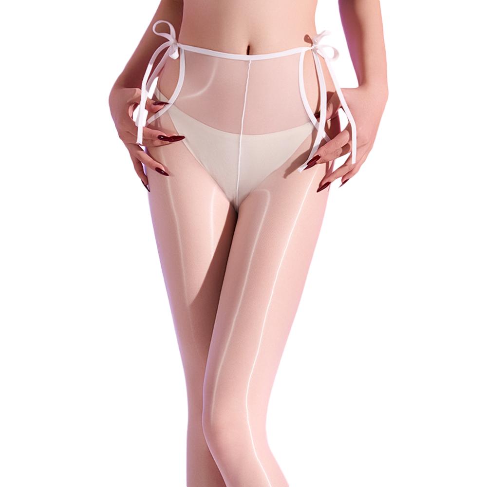 Sexy Women 640 Pin Oil Glossy Shiny Pantyhose Lace Up Bandage Shaping Stocking Thin Smooth Tights Maid Pantyhose Open Crotch