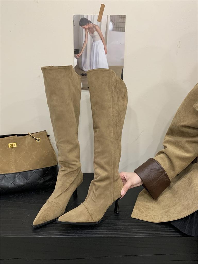 2025 Autumn and Winter New Hate Sky High Elastic Boots Pointed High Heel Boots Suede Thin Thin Heel Zipper Leg Over Knee Boots