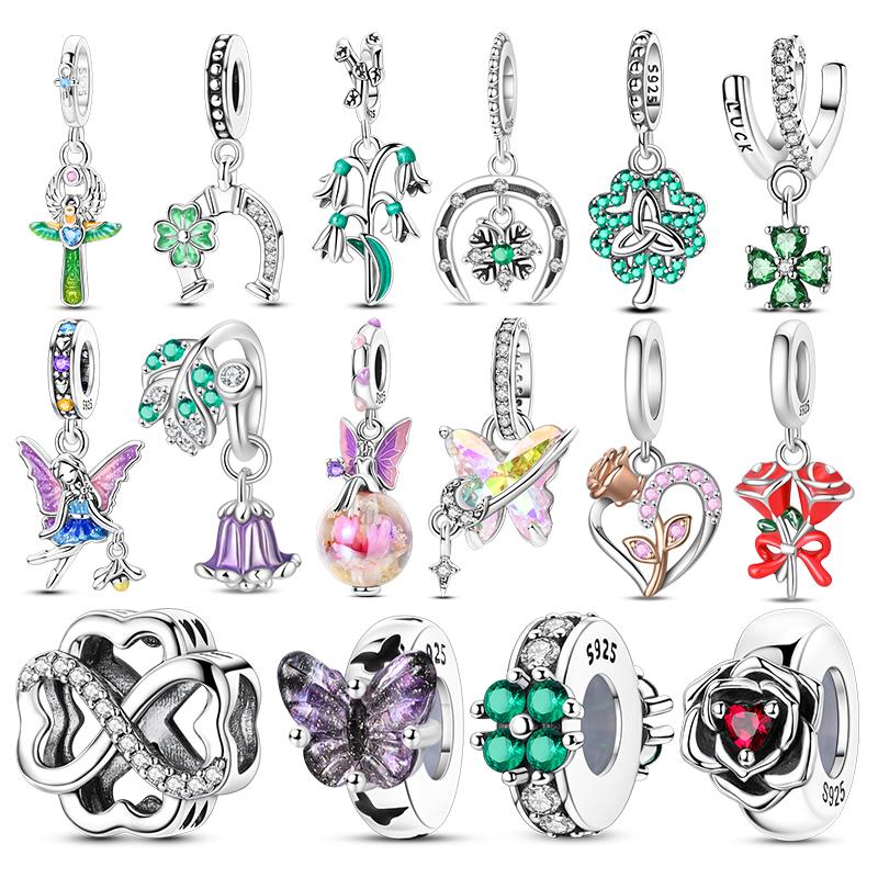100%Stering Copper Lily Of The Valley Rose Charms Beads Butterfly Lucky Pendant Fit Original Bracelet Diy For Womenjewelry