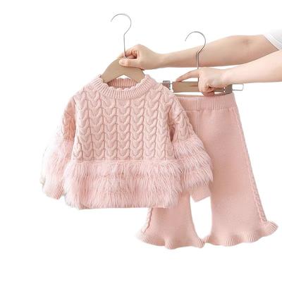 Girls' Sweater Long Faux Mink Two-Piece Set Autumn Winter New Style Baby Girl Round Neck Sweater Pants Set