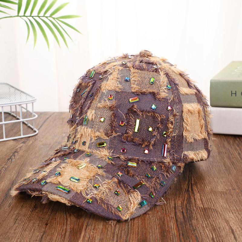 Fashion Hat hats, European and American style handmade diamond-studded ripped denim baseball hats, trendy women's rhinestone sunshade baseball
