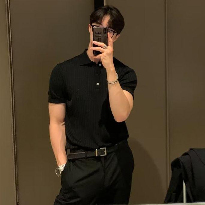 Men's Summer Slim Fit Polo Shirt - Korean Style, Turn-Down Collar, Solid Color, Casual Thin Knit
