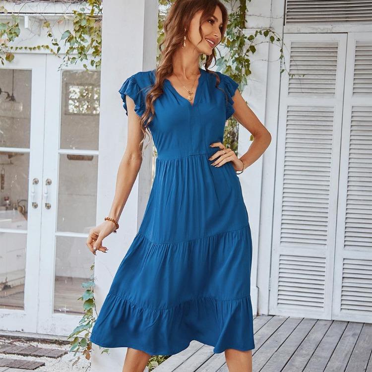 Sexy V-hals A-linjekjole Vår Sommer Ferie Fritid Ensfarget Flygeermer Kjoler S XL