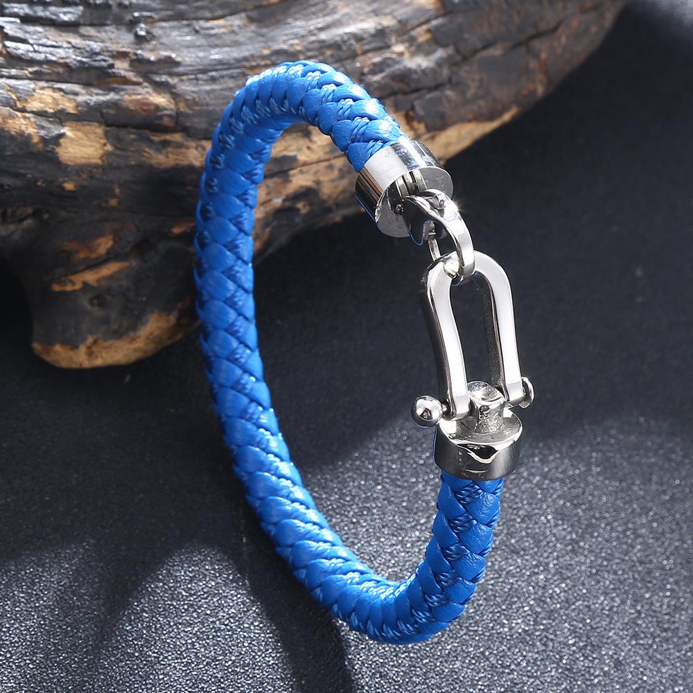 

Классический браслет из плетеной кожи из нержавеющей стали с застежкой-карабином в форме подковы, ручная работа, модные мужские украшения 205mm синий