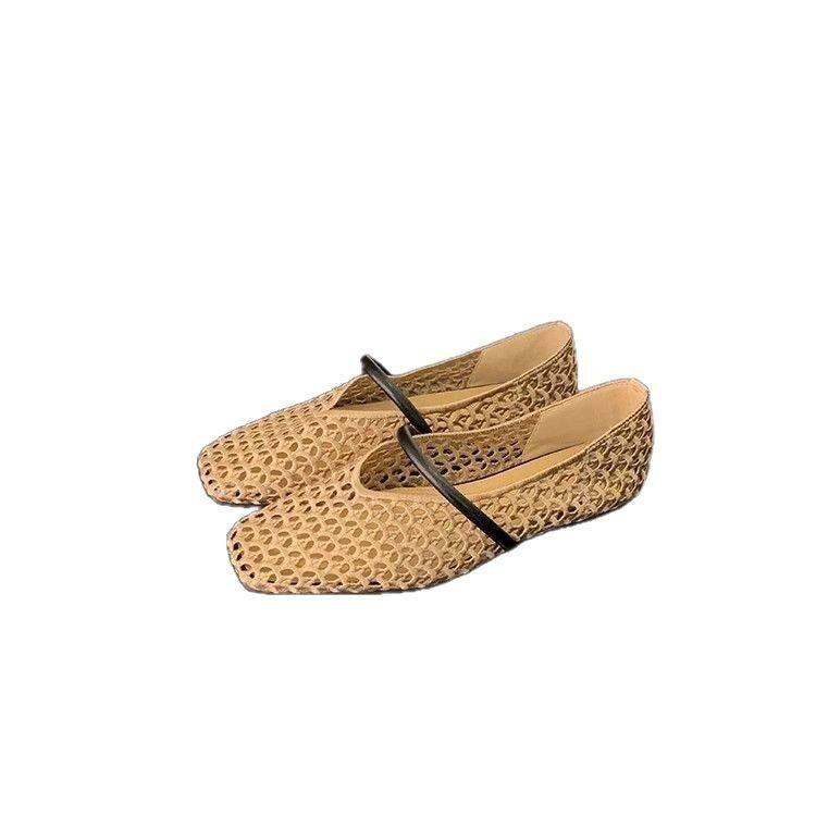 French square head hollow woven belt versatile soft surface shallow mouth single shoes women's 2025 spring and summer new soft sole Mary Jane shoes