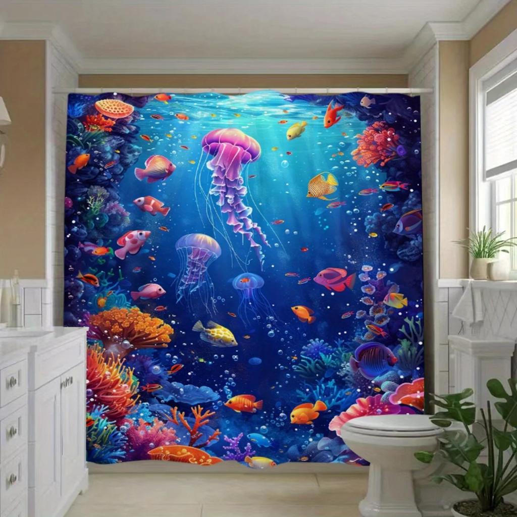 one pc Colorful_underwater_marine_life_illustration_1 Spring bathroom curtains, digital printed polyester shower curtains, non p