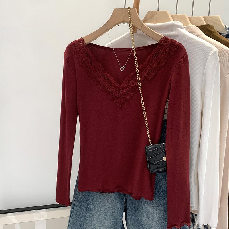 

Korean Style Lace Patchwork V-Neck Long Sleeve T-shirt - Autumn/Winter Fashion Top XXL вина червоного кольору
