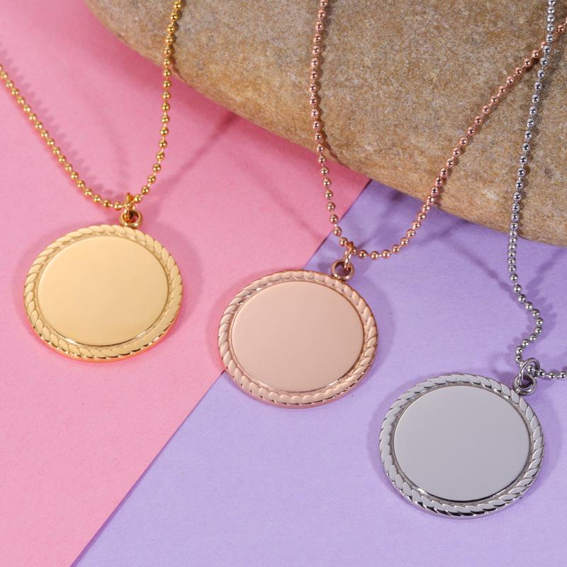 European Fashion Stainless Steel Colorfast Geometric Round Disc Necklace with Lace Pendant and Customizable Laser Logo