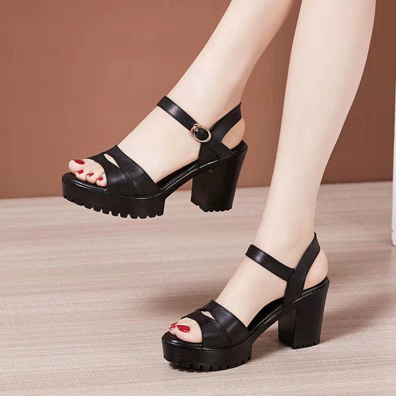 Soft Leather High-heeled Sandals Women's 2025 Summer New Mid-heel Thick Heel One-word Buckle with Fish Mouth Mother Shoes Fashion Women's Shoes