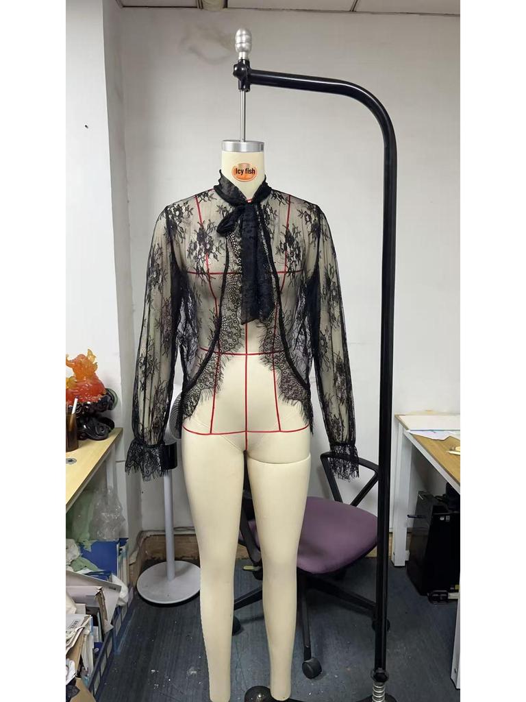 Frühlingshafter Euro-Amerikanischer Stylischer Durchsichtiger Spitzen-Langarmtop