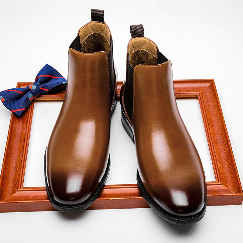 Elegant Chelsea Boots Genuine Cow Leather Men Ankle Shoes with Elastic Band Black Slip On Formal Business Fashion Boots for Men