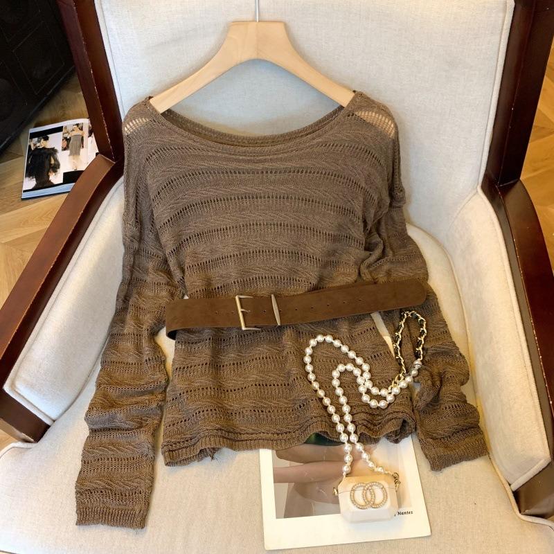 

Осенний ретро свободный тонкий топ женский вязаный свитер с ажурным узором L