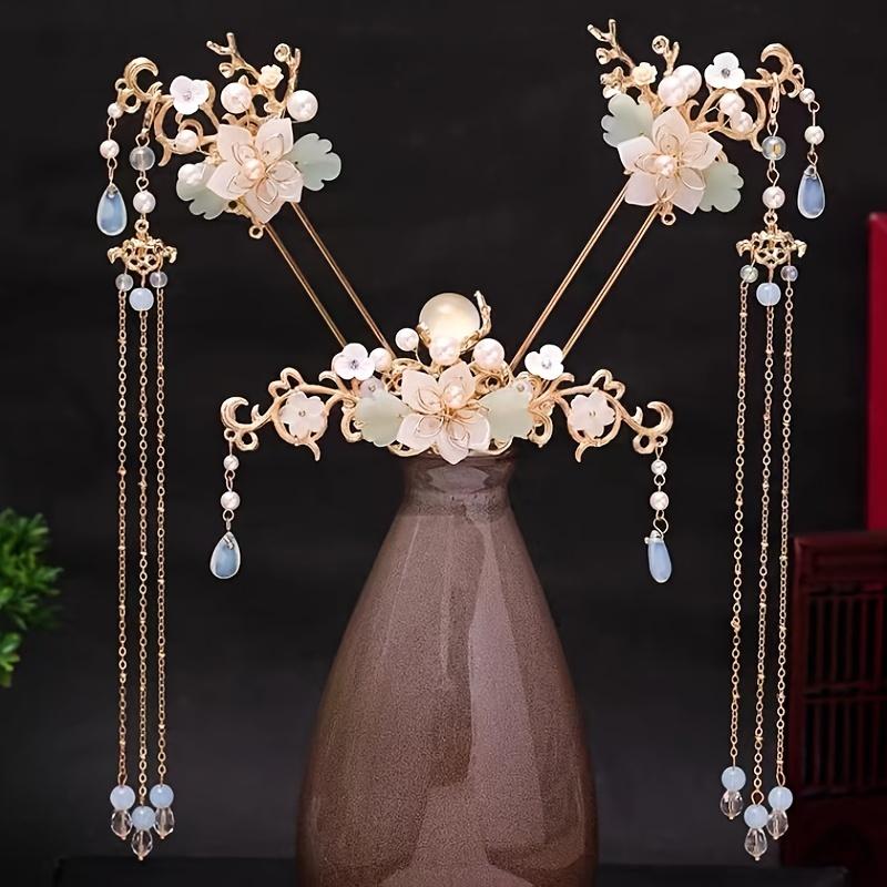 Crystal Flower Tassels Hairpin Headband Set For Girl Women Bride Chinese Style Hanfu Wedding Bridal Hair Accessories Jewelry Pin