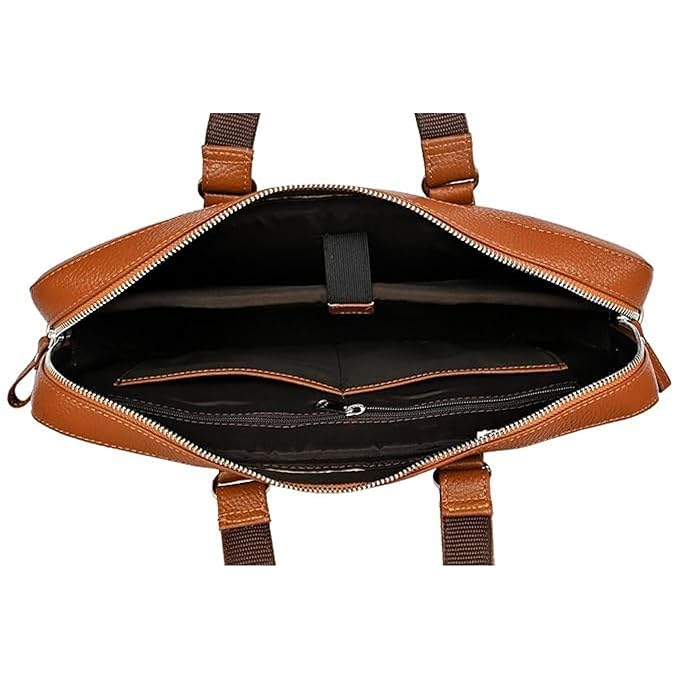 Leather Laptop Briefcase Bag for Men, Vintage Durable Zipper Multi Pocket Office Business Work Travel Carry Messenger Shoulder Crossbody Bag