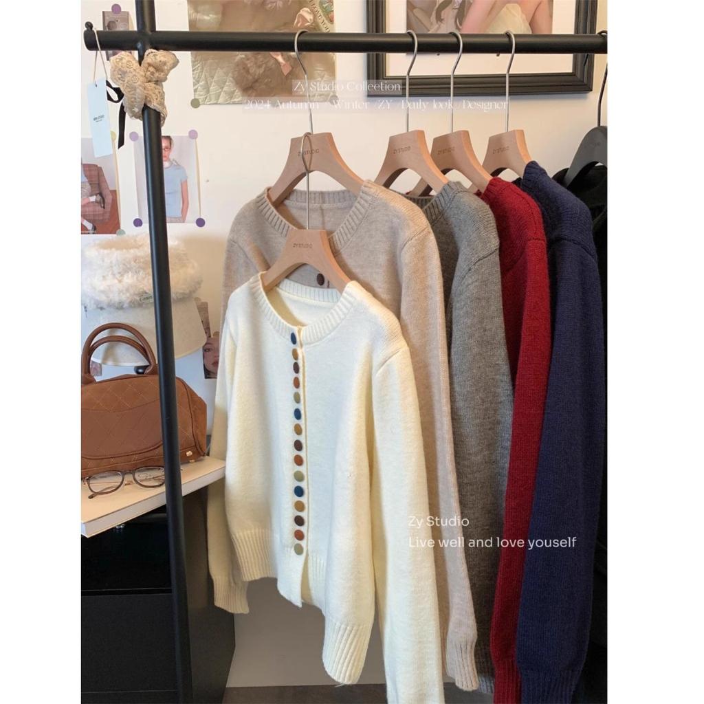 Women's Autumn 2024 Red Knitted Sweater Cardigan - Colorful Button, Crew Neck, Long Sleeve, Soft Angora Blend.