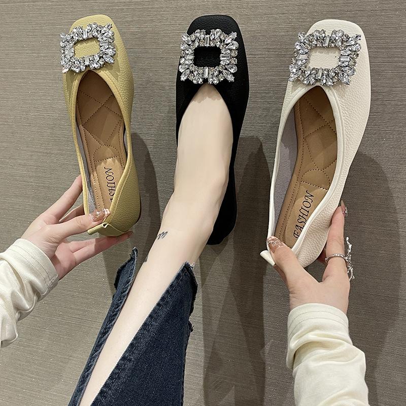 Size 35-43, Large Size Women's Shoes 41 Fat Feet Flat Bottom Shallow Mouth Rhinestone Small Single Shoes Women's Soft Sole One Pedal Ladyshoes 42