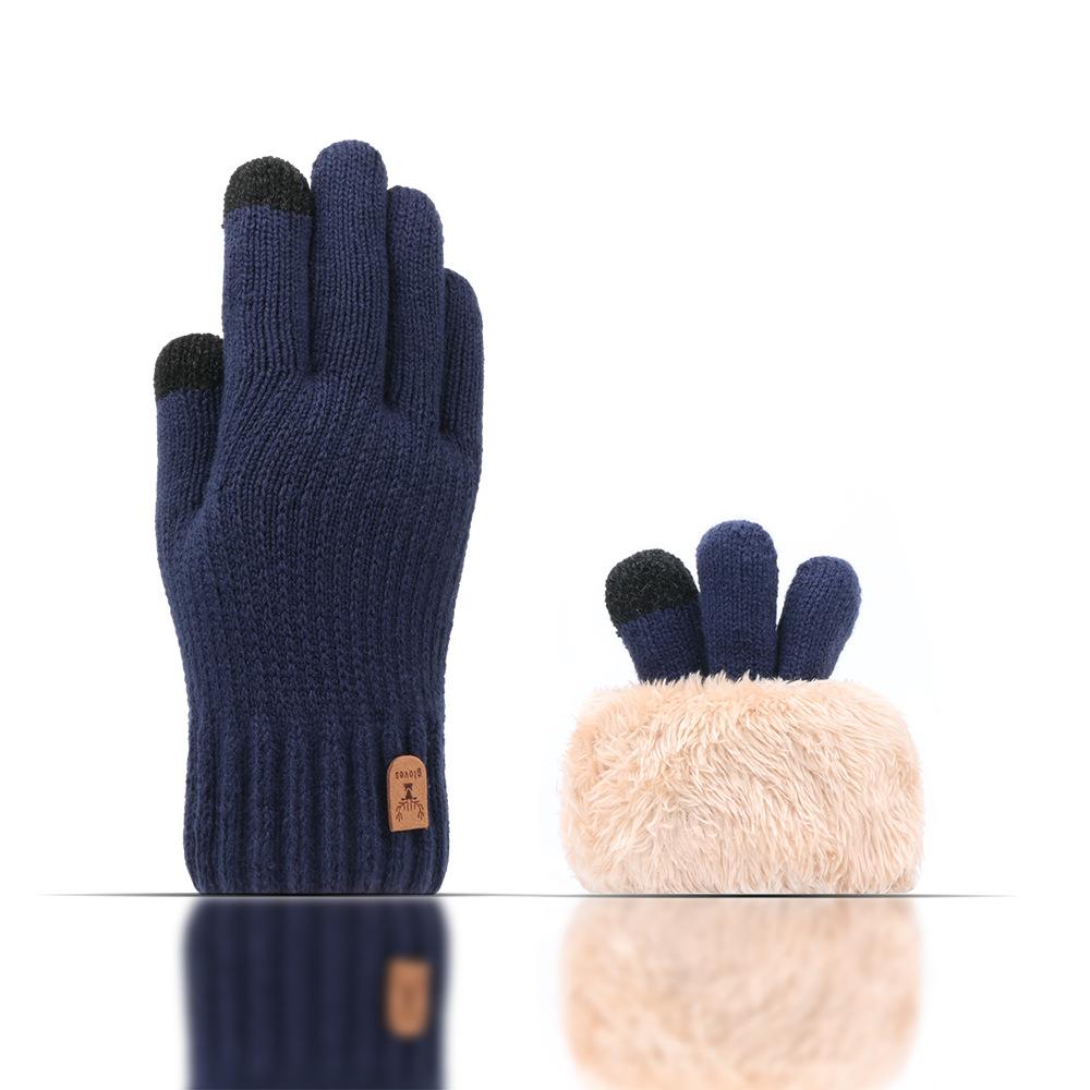 Men's double-layer knitted gloves winter wool piled thickened outdoor warm finger touch screen gloves