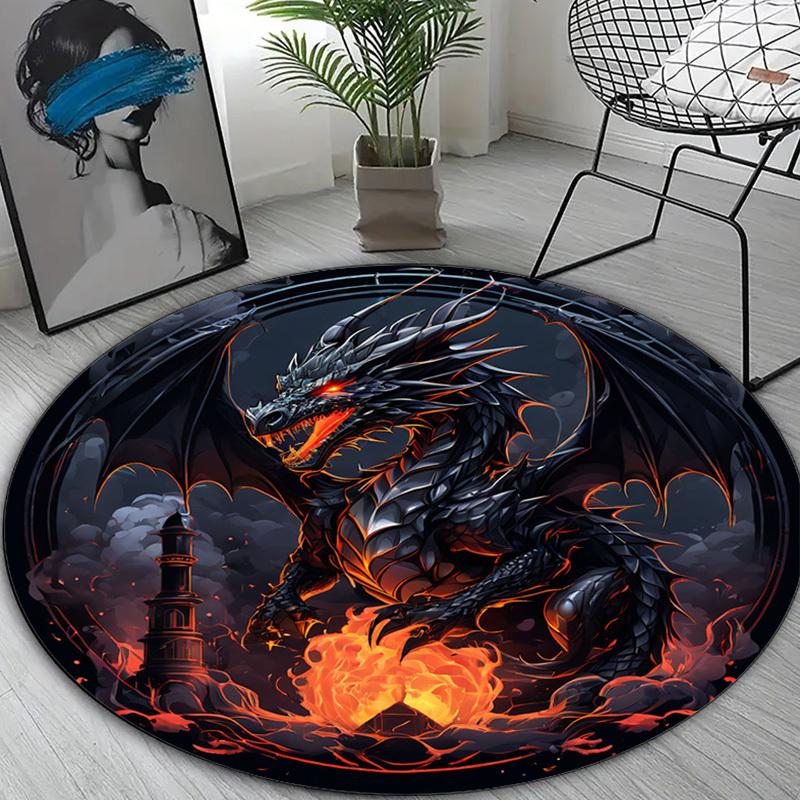 Polyester Round Rug with Black Dragon Design for Living Room, Bedroom, Gaming Room - Durable Crystal Velvet Carpet Chair Mat, Ea