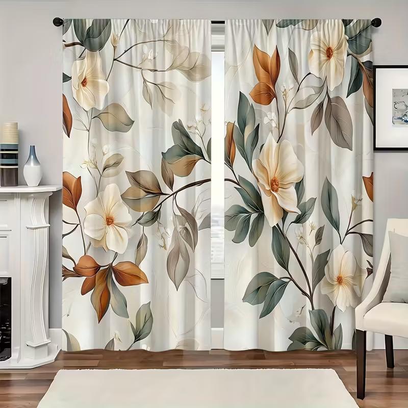 2PC Cream Magnolia Branch Sheer Curtains - Soft Earthy Botanical Print Window Drapes for Living Room Bedroom Decor