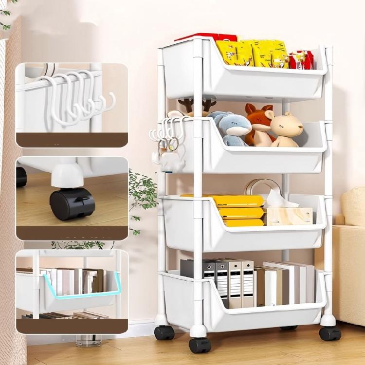 Easy Access Open Top Storage Rack Convenient Rolling Storage Rack Stylish Shelves with Hooks for Bathroom Stairwell Use