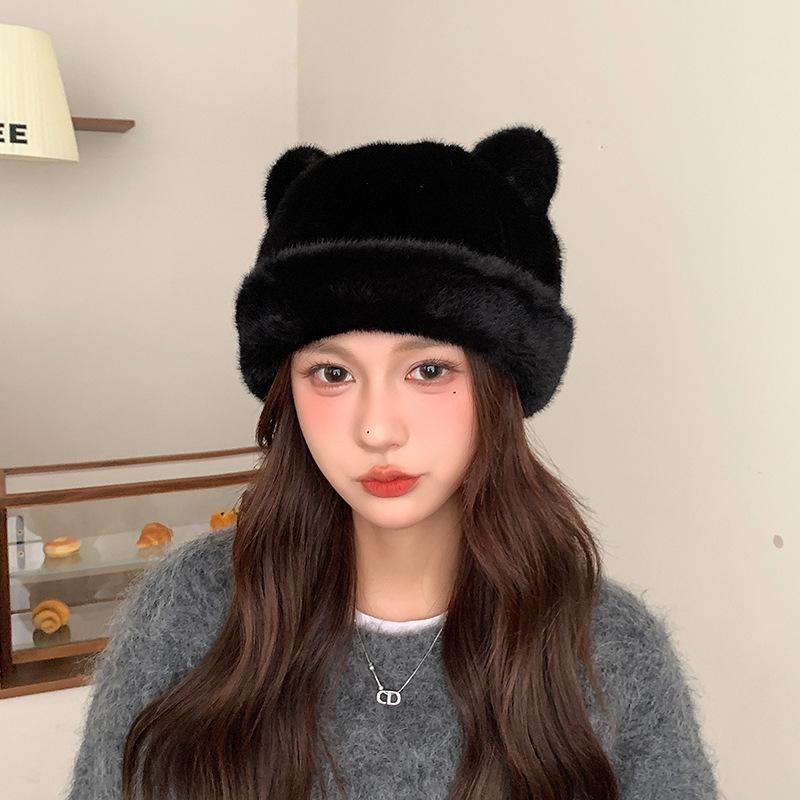 

Japanese Cute Bear Ears Plush Hat Women s Autumn and Winter Cold Proof Pullover Hat Versatile Warm Ear Protection Cap 56-59 cm