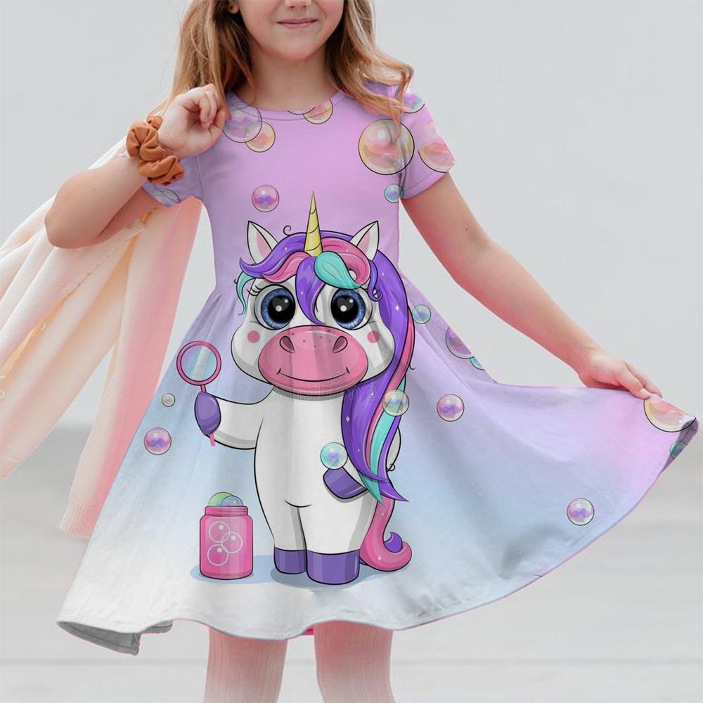 Robes d'été pour filles Licorne Enfants Robe à manches courtes Dessin animé Tout-petits Décontracté Robes droites Vêtements pour enfants 3-12 ans