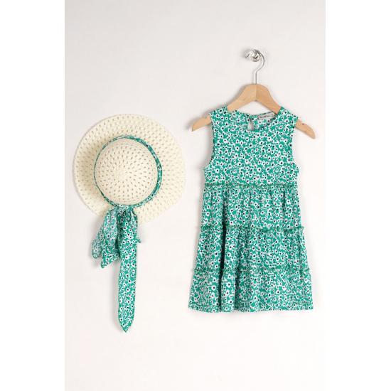 Rochie Fata Copil Roșu Cu Motive Florale Cu Accesoriu Pălărie