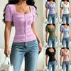 Women Fashion Casual Solid Color Button Square Neck Short Sleeve T Shirt