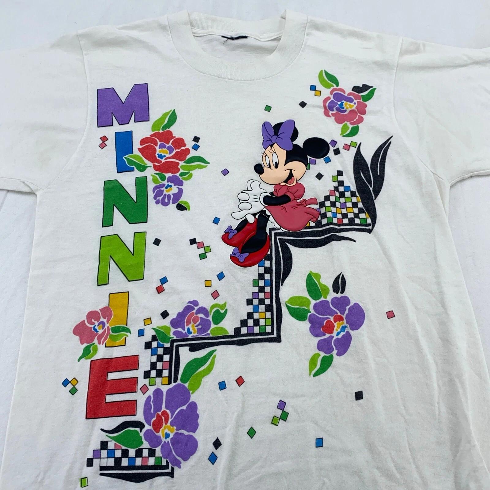 vtg 80s MINNIE MOUSE PUFFY PRINT FLORAL WALT DISNEY T-Shirt SMALL mickey cartoon S
