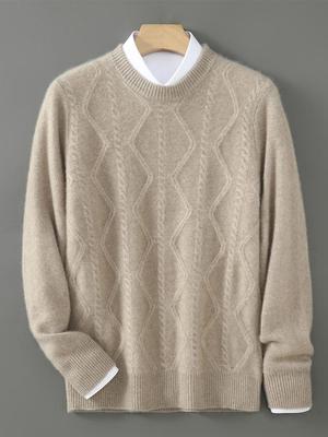 Men's Diamond Cable Knit Wool Sweater - Thick, Loose, Versatile Cashmere Layer