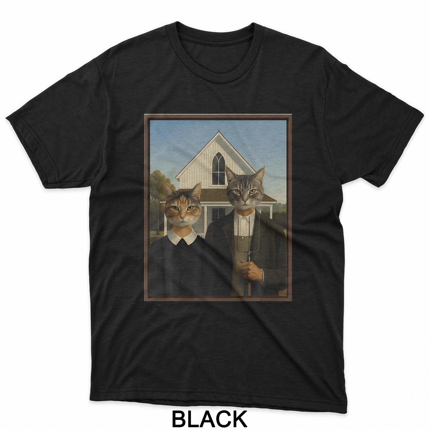 Cat Funny American Gothic Vintage Painting Pitchfork Cute T-Shirt 2XL