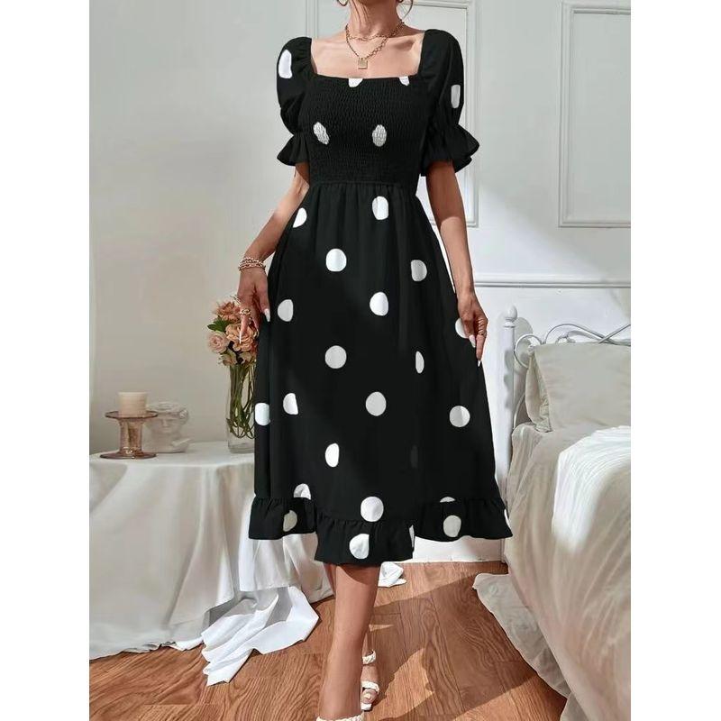 

Amazon Independent Station Hot Sale Fashion Style Women s Clothing Big Dot Slim-Fit Sweet Ruffled Short Sleeves Dress Tide Black XL