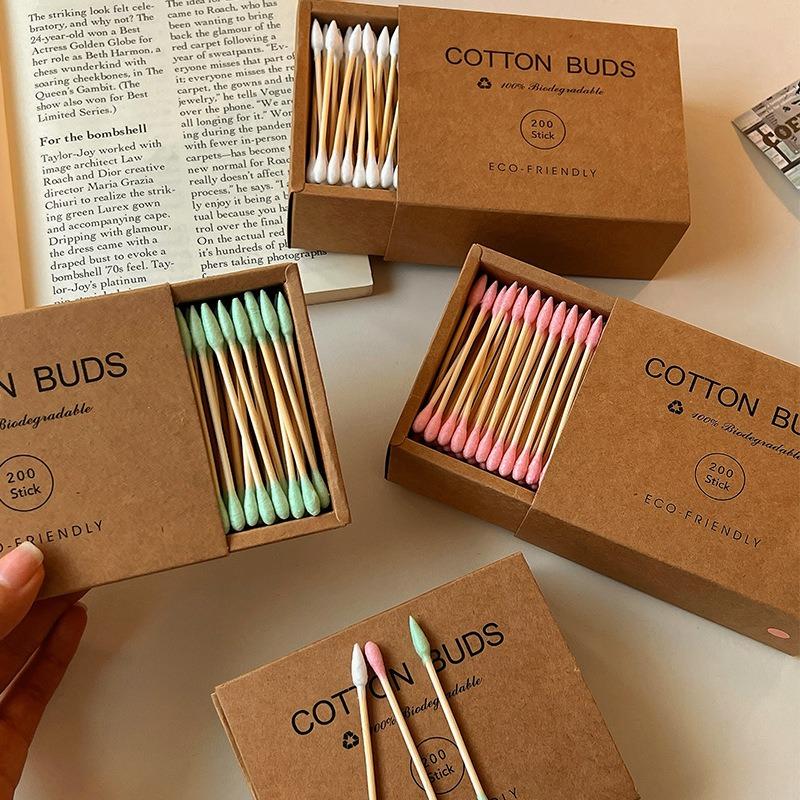 Eco-Friendly Bamboo Cotton Swabs Double Head Disposable Ear Cleaning Makeup Remover Sticks Kraft Paper Box Packed Beauty Tool
