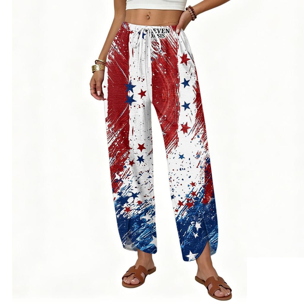 Women Casual Loose Straight Leg Wide Leg Drawstring Printed Long Pants with Pockets for Everyday Relaxed Wear