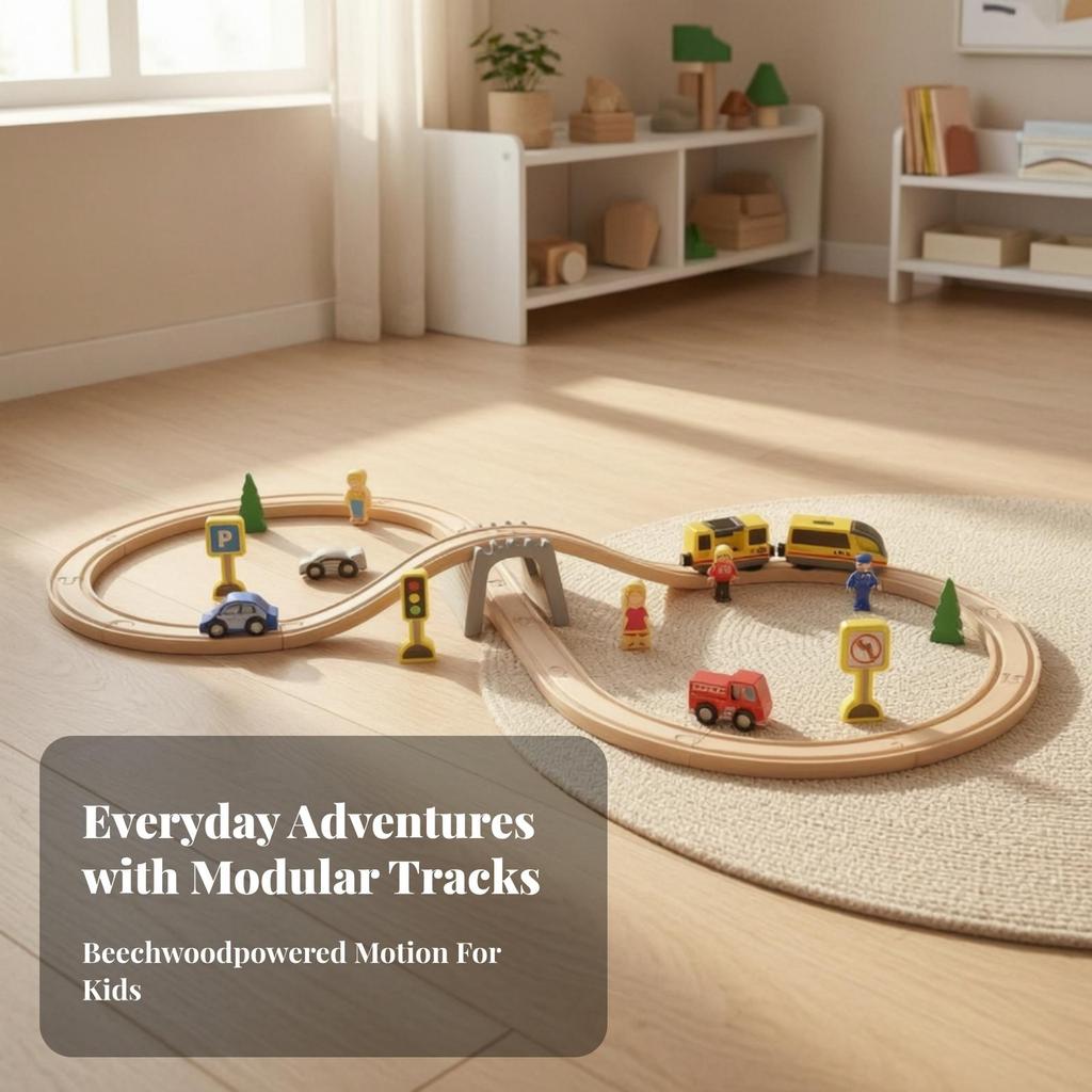 Wooden Train Set Interactive Beech Wood Railway Track Toy with Bridge Safe