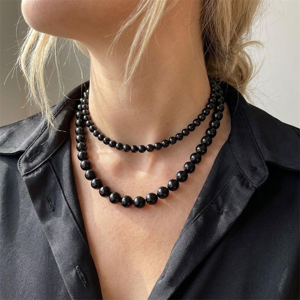 Copper Gold Black Agate Necklace Silver Plated Coin Buckle Chokers Imitation Pearl Necklace Women