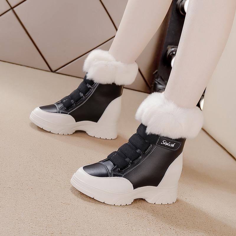 Real rabbit fur medium tube snow boots women's winter new warm cotton boots inner height increase thick bottom casual Velcro women's boots
