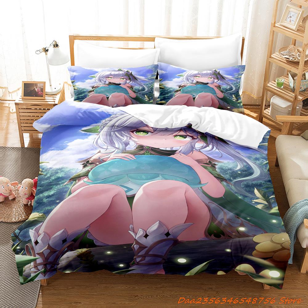 New Game Nahida Genshin Impact Bedding Collection Cartoon Anime ThreePiece Set Adult Kid Bedroom Duvetcover Collections 3D Kawaii Girls